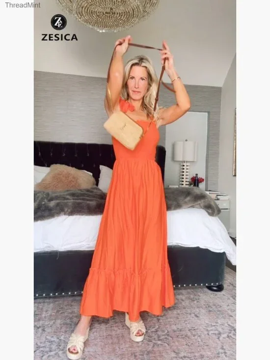 Boho Spaghetti Strap Square Neck Ruffle Maxi Dress Summer Beach - Picture 7 of 7
